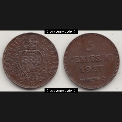 Bildmaterial Münzen aus San Marino vor 1950, 1935-1938, 5 Centesimi, Cent-Wert 1937-1, LIBERTAS REPUBBLICA DI S. MARINO, 5 CENTESIMI. Vorderseite und Rückseite... Sammlung