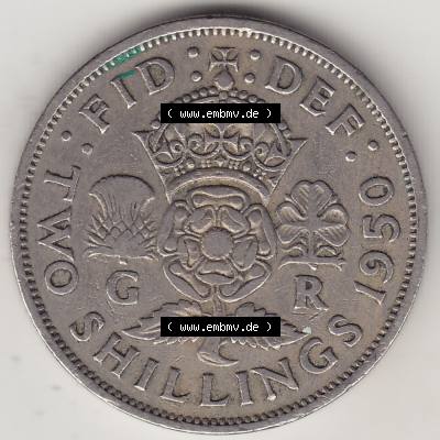 Alte Münzen Großbritannien Umlaufmünze 1949-1951, 2 Schilling, Shillings (Florin) 1950-2, George VI, GEORGIVS VI DG BR OMN REX, FID DEF TWO SHILLINGS.... Sammlung