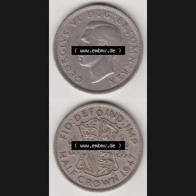 Alte Münzen Großbritannien Umlaufmünze 1947-1948, 1/2 Krone, Half Crown 1947-1, George VI, FID DEF IND IMP HALF CROWN. Vorderseite und Rückseite... Sammlung