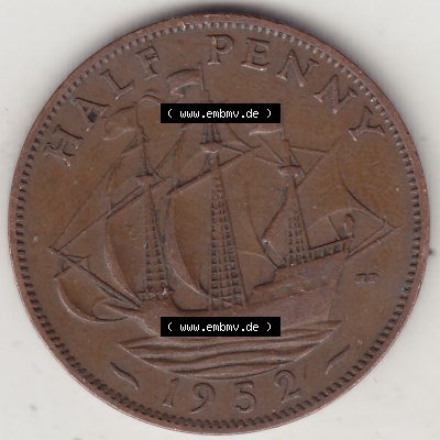 Alte Münzen Großbritannien Umlaufmünze 1949-1952, Half Penny, 1952-1, George VI, HALF PENNY HP, Segelschiff. Rückseite der alten britischen Münze... Sammlung