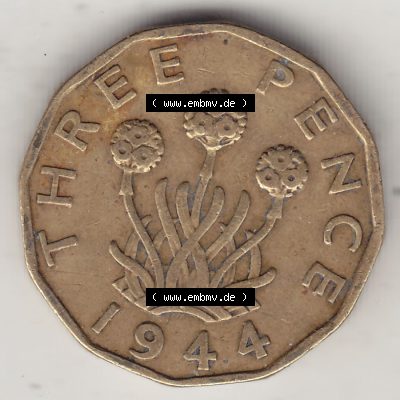 Alte Münzen Großbritannien Umlaufmünze 1937-1948, 3 Pence, Three Pence 1944-1, George VI, GEORGIVS VI D G BR OMN REX F D IND IMP. Rückseite der alten... Sammlung