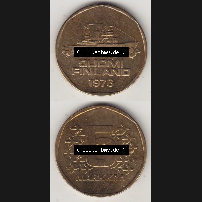 Alte Münzen KMS Finnland, Kursmünzensatz 1976 in Stempelglanz 1972-1978, 5 Finnische Mark, Markkaa 1976-1, SUOMI FINLAND. Vorderseite und Rückseite vertikal... Sammlung