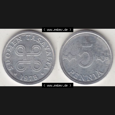 Alte Münzen KMS Finnland, Kursmünzensatz 1978 in Stempelglanz 1977-1990, 5 Penny, 1978-1. Digitales Bild / Bildmaterial mit Vorderseite und Rückseite einer Münze... Sammlung