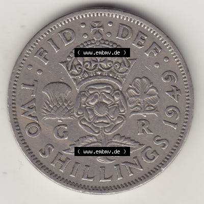Alte Münzen Großbritannien Umlaufmünze 1947-1948, 2 Schilling-Florin, Two Shillings, 1949-3, George VI, GEORGIVS VI D G BR OMN REX, FID DEF IND IMP,... Sammlung