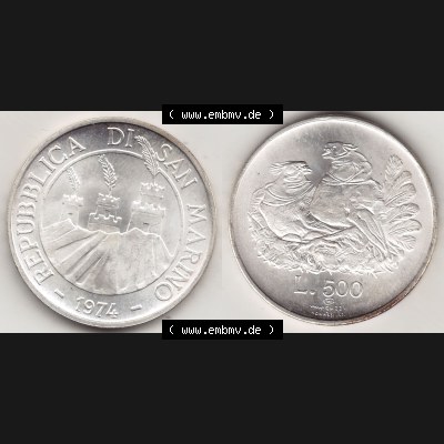 Bildmaterial Münzensatz / KMS 1974 aus San Marino 1974-1974, 500 Lire Silbermünze 1974 aus San Marino, wertvolle Edelmetallmünze Münze in Silber, L.500... Sammlung