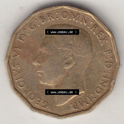 Alte Münzen Großbritannien Umlaufmünze 1937-1948, 3 Pence, Three Pence 1943-2, George VI, GEORGIVS VI D G BR OMN REX F D IND IMP. Vorderseite der alten britischen... Sammlung