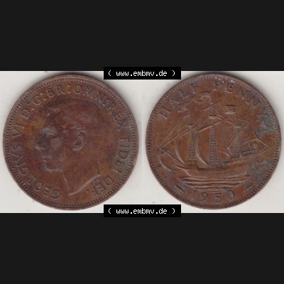 Alte Münzen Großbritannien Umlaufmünze 1949-1952, Half Penny, 1950-1, George VI, HALF PENNY HP, Segelschiff. Vorderseite und Rückseite horizontal... Sammlung