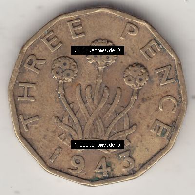 Alte Münzen Großbritannien Umlaufmünze 1937-1948, 3 Pence, Three Pence 1943-4, George VI, GEORGIVS VI D G BR OMN REX F D IND IMP. Rückseite der alten... Sammlung