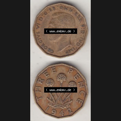 Alte Münzen Großbritannien Umlaufmünze 1937-1948, 3 Pence, Three Pence 1942-1, George VI, GEORGIVS VI D G BR OMN REX F D IND IMP. Vorderseite und Rückseite... Sammlung