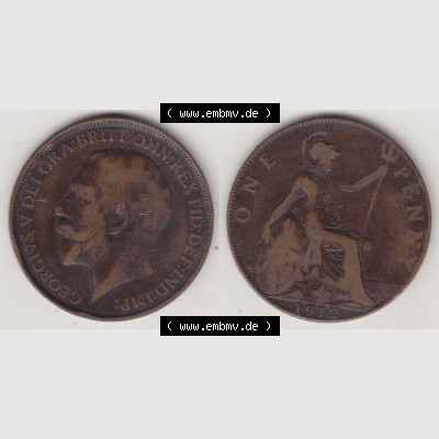 Alte Münzen Großbritannien Umlaufmünze 1911-1926, 1 Penny, One Penny, 1912-1, B.M. GEORGIVS V DEI GRA BRITT OMN REX FID DEF IND IMP. Vorderseite... Sammlung