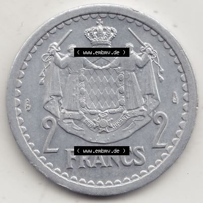 Alte Münzen Monaco Umlaufmünze Einzelansicht 1943-1943, 2 Franken 1943-2, in Aluminium, LOUIS II PRINCE DE MONACO, 2 FRANCS DEO JUVANTE. Rückseite auf einen... Sammlung