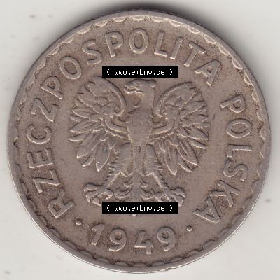 Münzen Polen KMS, Kursmünzensatz 1949-1949, Republik Polen 1 Zloty, Kupfer 1949-1. Vorderseite einer polnischen Münzen auf einen Digitalen Bild / Foto mit einer... Sammlung