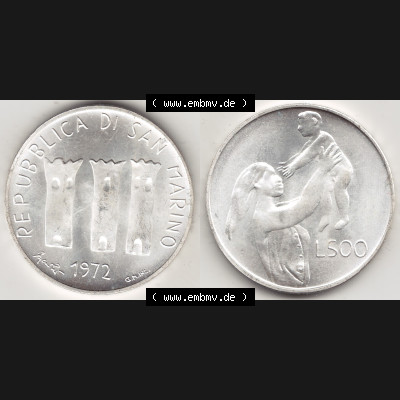 Bildmaterial Münzensatz / KMS 1972 aus San Marino 1972-1972, 500 Lire 1972 L. 500 REPUBBLICA DI SAN MARINO, Silbermünze. Vorderseite und Rückseite einer Umlaufmünze... Sammlung