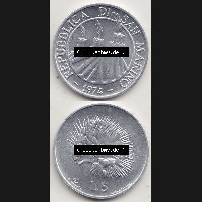 Bildmaterial Münzensatz / KMS 1974 aus San Marino 1974-1974, 5 Lire, L.5 MINGUZZI MONASSI INC.. Vorderseite und Rückseite als vertikales untereinander zusammengefügte... Sammlung