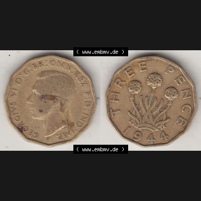 Alte Münzen Großbritannien Umlaufmünze 1937-1948, 3 Pence, Three Pence 1944-1, George VI, GEORGIVS VI D G BR OMN REX F D IND IMP. Vorderseite und Rückseite... Sammlung