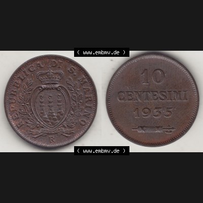 Bildmaterial Münzen aus San Marino vor 1950, 1935-1938, 10 Centesimi, (Cent-Wert), 1935-1, LIBERTAS REPUBBLICA DI S. MARINO, 10 CENTESIMI 1935.... Sammlung