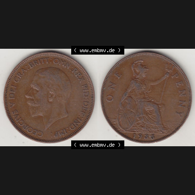 Alte Münzen Großbritannien Umlaufmünze 1928-1936, 1 Penny, ONE PENNY, 1935-1, BM GEORGIVS V DEI GRA BRITT OMN REX FID DEF IND IMP. Vorderseite und Rückseite... Sammlung