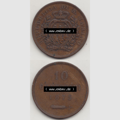 Bildmaterial Münzen aus San Marino vor 1900, 1875-1894, 10 Centesimi, Cent-Wert, 1875-1, GORI LIBERTAS REPUBBLICA DI S. MARINO, 10 CENTESIMI. Vorderseite... Sammlung