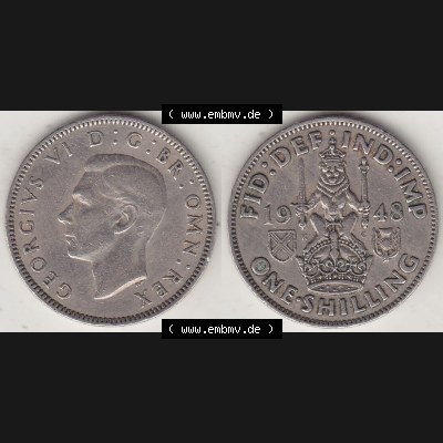 Alte Münzen Großbritannien Umlaufmünze 1947-1948, 2 Schilling - One Shillings 1948-2 Sitzender Löwe auf Krone. Vorderseite und Rückseite horizontal auf einen digitalen... Sammlung