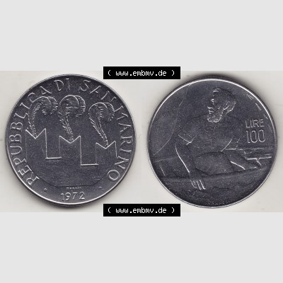 Bildmaterial Münzensatz / KMS 1972 aus San Marino 1972-1972, 100 Lire von 1972, 100 LIRE MONASSI REPUBBLICA DI SAN MARINO. Vorderseite und Rückseite einer Umlaufmünze... Sammlung