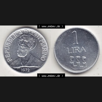 Bildmaterial Münzensatz / KMS 1972 aus San Marino 1972-1972, 1 Lira, Lire 1972, 1 LIRA MONASSI REPUBBLICA DI SAN MARINO. Vorderseite und Rückseite einer Umlaufmünze... Sammlung
