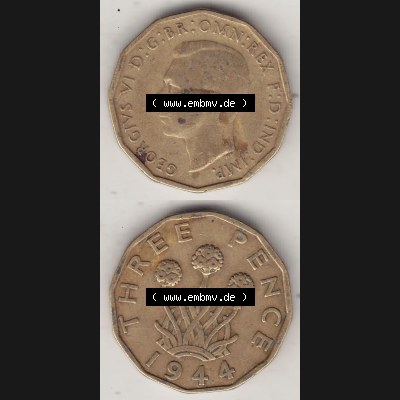 Alte Münzen Großbritannien Umlaufmünze 1937-1948, 3 Pence, Three Pence 1944-1, George VI, GEORGIVS VI D G BR OMN REX F D IND IMP. Vorderseite und Rückseite... Sammlung