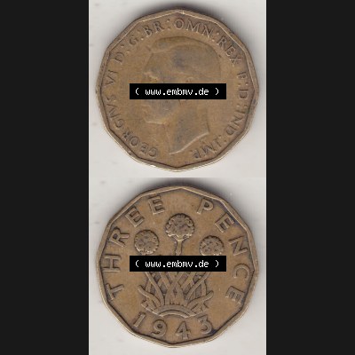 Alte Münzen Großbritannien Umlaufmünze 1937-1948, 3 Pence, Three Pence 1943-3, George VI, GEORGIVS VI D G BR OMN REX F D IND IMP. Vorderseite und Rückseite... Sammlung