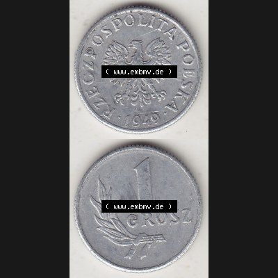Münzen Polen KMS, Kursmünzensatz 1949-1949, Republik Polen 1 Grosz, Groschen, Aluminium 1949-1. Vorderseite und Rückseite vertikal, untereinander mit... Sammlung