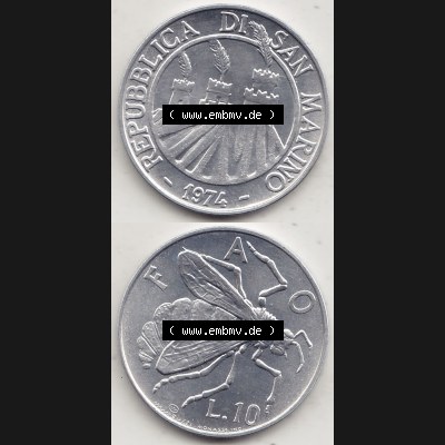 Bildmaterial Münzensatz / KMS 1974 aus San Marino 1974-1974, 10 Lire, L.10 MINGUZZI MONASSI INC.. Vorderseite und Rückseite als vertikales untereinander zusammengefügte... Sammlung
