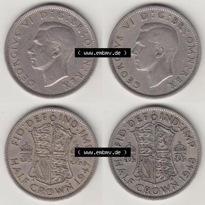 Alte Münzen Großbritannien Umlaufmünze 1947-1948, 1/2 Krone, Half Crown 1947 und 1948 Bild-Version 2/2, George VI, FID DEF IND IMP HALF CROWN. Ein... Sammlung