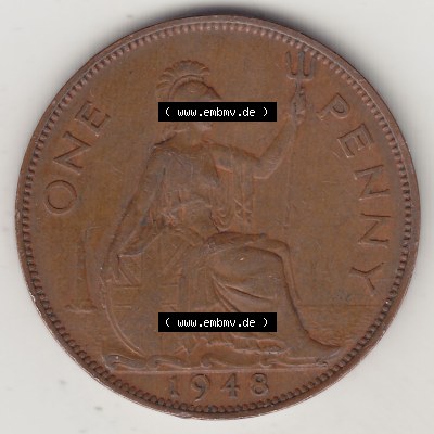 Alte Münzen Großbritannien Umlaufmünze 1937-1948, 1 Penny, One Penny, 1948-1, GEORGIVS VI, D G BR OMN REX F D IND IMP HP. Rückseite der alten britischen... Sammlung