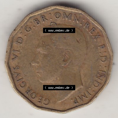 Alte Münzen Großbritannien Umlaufmünze 1937-1948, 3 Pence, Three Pence 1943-1, George VI, GEORGIVS VI D G BR OMN REX F D IND IMP. Vorderseite der alten britischen... Sammlung