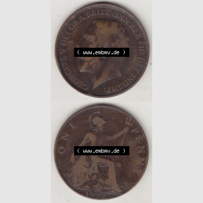 Alte Münzen Großbritannien Umlaufmünze 1911-1926, 1 Penny, One Penny, 1912-1, B.M. GEORGIVS V DEI GRA BRITT OMN REX FID DEF IND IMP. Vorderseite... Sammlung