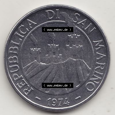 Bildmaterial Münzensatz / KMS 1974 aus San Marino 1974-1974, 50 Lire, L.50 MINGUZZI MONASSI INC.. Vorderseite einer Umlaufmünze aus 1974 REPUBBLICA DI SAN... Sammlung