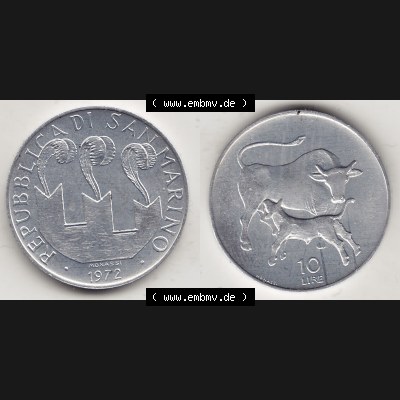 Bildmaterial Münzensatz / KMS 1972 aus San Marino 1972-1972, 10 Lire 1972, MONASSI REPUBBLICA DI SAN MARINO, 10 LIRE. Vorderseite und Rückseite einer Umlaufmünze... Sammlung