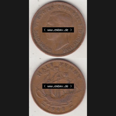 Alte Münzen Großbritannien Umlaufmünze 1937-1948, Half Penny, 1942-2, George VI, HALF PENNY HP, Segelschiff. Vorderseite und Rückseite vertikal... Sammlung