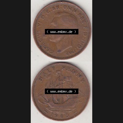 Alte Münzen Großbritannien Umlaufmünze 1937-1948, Half Penny, 1943-1, George VI, HALF PENNY HP, Segelschiff. Vorderseite und Rückseite vertikal... Sammlung