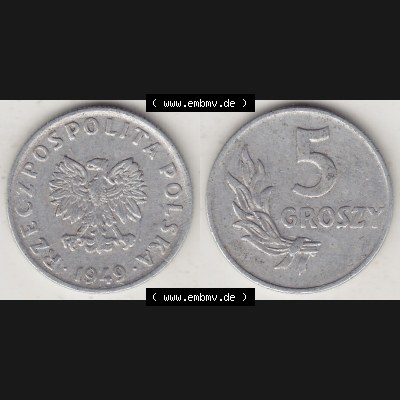 Münzen Polen KMS, Kursmünzensatz 1949-1949, Republik Polen 5 Groszy, Groschen, Aluminium 1949-1. Vorderseite und Rückseite horizontal mit Wert-Zahl / Wert-Angabe... Sammlung