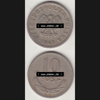 Münzen Polen KMS, Kursmünzensatz 1949-1949, Republik Polen 10 Groszy, Groschen, Kupfer 1949-1. Vorderseite und Rückseite vertikal, untereinander mit... Sammlung