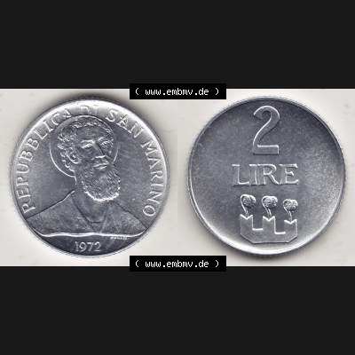 Bildmaterial Münzensatz / KMS 1972 aus San Marino 1972-1972, 2 Lire 1972, 2 LIRE MONASSI REPUBBLICA DI SAN MARINO. Vorderseite und Rückseite einer Umlaufmünze aus... Sammlung