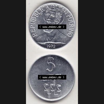 Bildmaterial Münzensatz / KMS 1972 aus San Marino 1972-1972, 5 Lire, 1972, LIRE MONASSI REPUBBLICA DI SAN MARINO. Vorderseite und Rückseite einer Umlaufmünze... Sammlung
