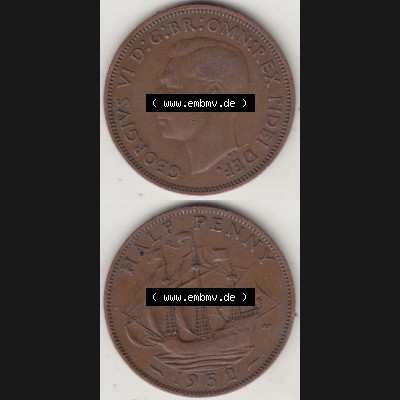 Alte Münzen Großbritannien Umlaufmünze 1949-1952, Half Penny, 1952-1, George VI, HALF PENNY HP, Segelschiff. Vorderseite und Rückseite vertikal... Sammlung