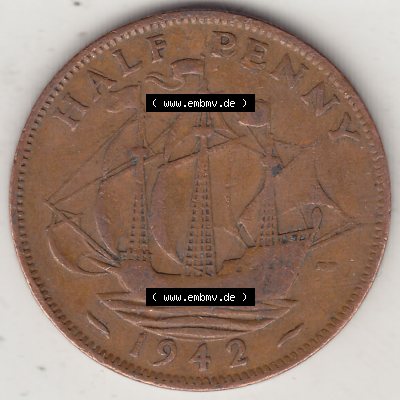 Alte Münzen Großbritannien Umlaufmünze 1937-1948, Half Penny, 1942-2, George VI, HALF PENNY HP, Segelschiff. Rückseite der alten britischen Münze... Sammlung