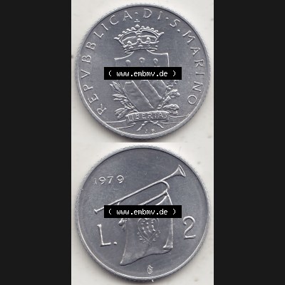 Bildmaterial Münzensatz / KMS 1979 aus San Marino 1979-1979, 2 Lire, J. V. LIBERTAS REPVBBLICA DI S. MARINO, 1979 L.2. Vorderseite und Rückseite... Sammlung