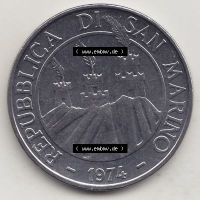 Bildmaterial Münzensatz / KMS 1974 aus San Marino 1974-1974, 100 Lire, L.100 MINGUZZI MONASSI INC.. Vorderseite einer Umlaufmünze aus 1974 REPUBBLICA DI SAN... Sammlung
