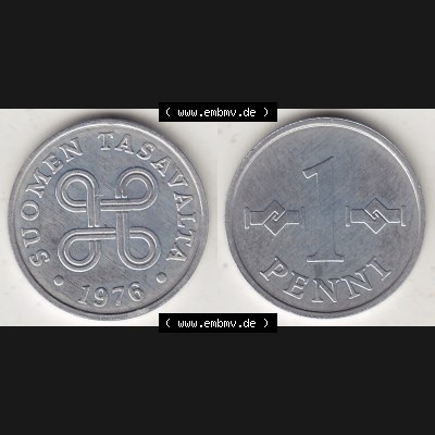 Alte Münzen KMS Finnland, Kursmünzensatz 1976 in Stempelglanz 1969-1979, 1 Penny, Penni 1976-1, SUOMEN TASAVALTA. Vorderseite und Rückseite zusammengefügt... Sammlung