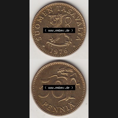 Alte Münzen KMS Finnland, Kursmünzensatz 1976 in Stempelglanz 1963-1990, 50 Penny Penniä 1976-1, SUOMEN TASAVALTA. Vorderseite und Rückseite vertikal zusammengefügt... Sammlung