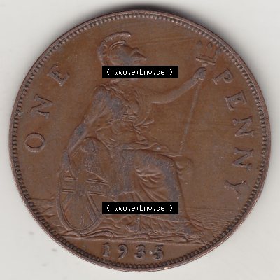 Alte Münzen Großbritannien Umlaufmünze 1928-1936, 1 Penny, ONE PENNY, 1935-1, BM GEORGIVS V DEI GRA BRITT OMN REX FID DEF IND IMP. Rückseite der alten... Sammlung
