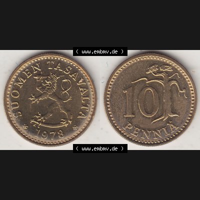 Alte Münzen KMS Finnland, Kursmünzensatz 1978 in Stempelglanz 1963-1982, 10 Penny, 1978-1. Digitales Bild / Bildmaterial mit Vorderseite und Rückseite einer... Sammlung