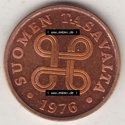 Alte Münzen KMS Finnland, Kursmünzensatz 1976 in Stempelglanz 1963-1977, 5 Penny Penniä 1976-1, SUOMEN TASAVALTA. Vorderseite einer Münze aus KMS / Kursmünzen... Sammlung